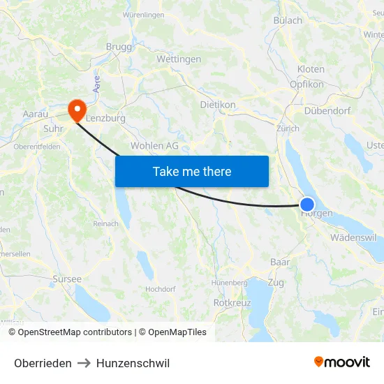 Oberrieden to Hunzenschwil map