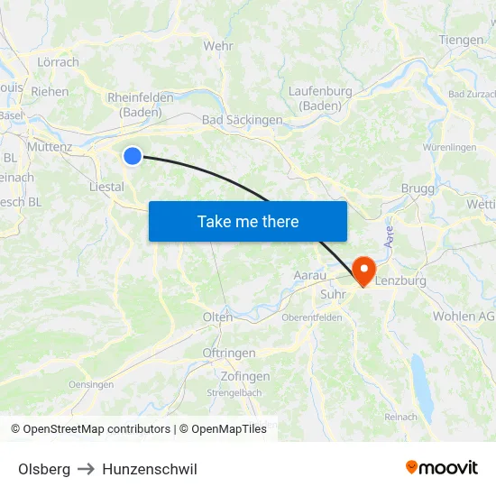 Olsberg to Hunzenschwil map