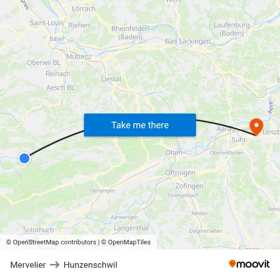Mervelier to Hunzenschwil map