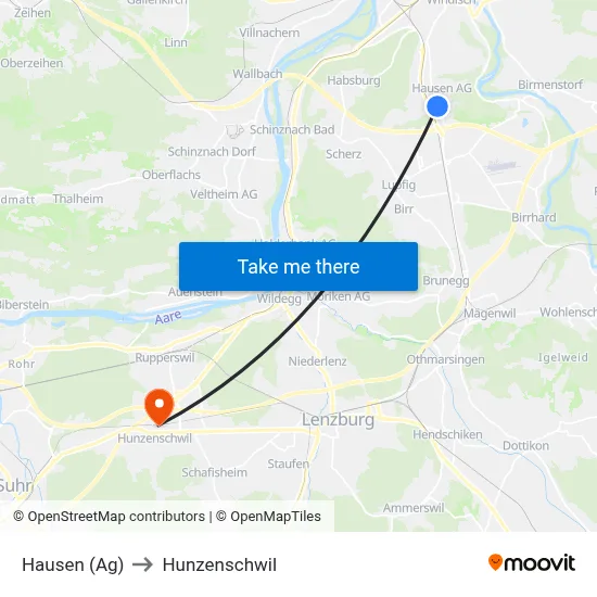 Hausen (Ag) to Hunzenschwil map