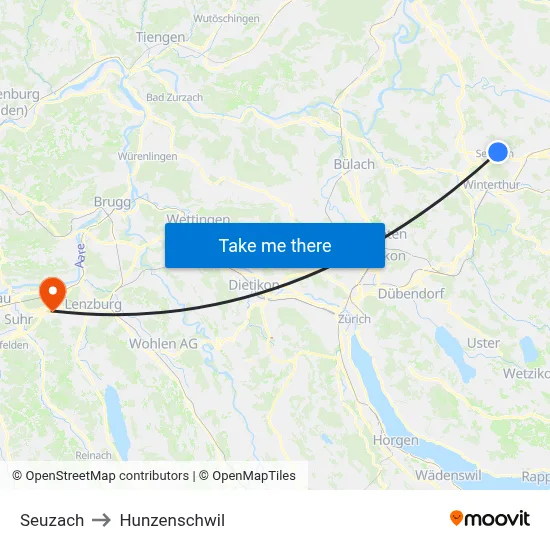 Seuzach to Hunzenschwil map