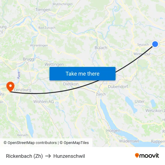Rickenbach (Zh) to Hunzenschwil map