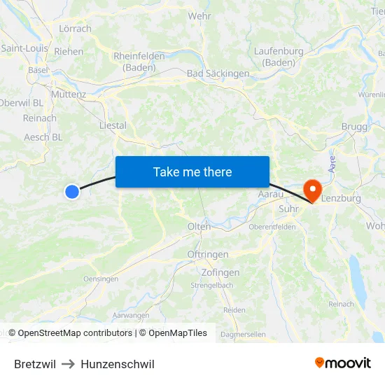 Bretzwil to Hunzenschwil map