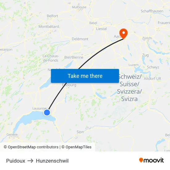 Puidoux to Hunzenschwil map