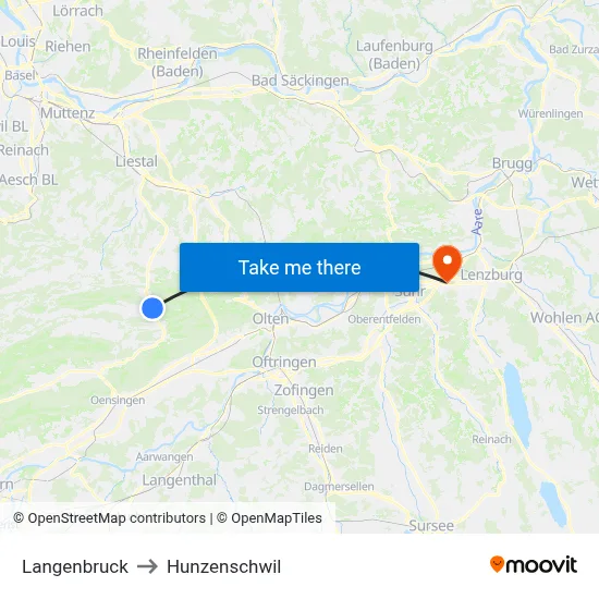 Langenbruck to Hunzenschwil map
