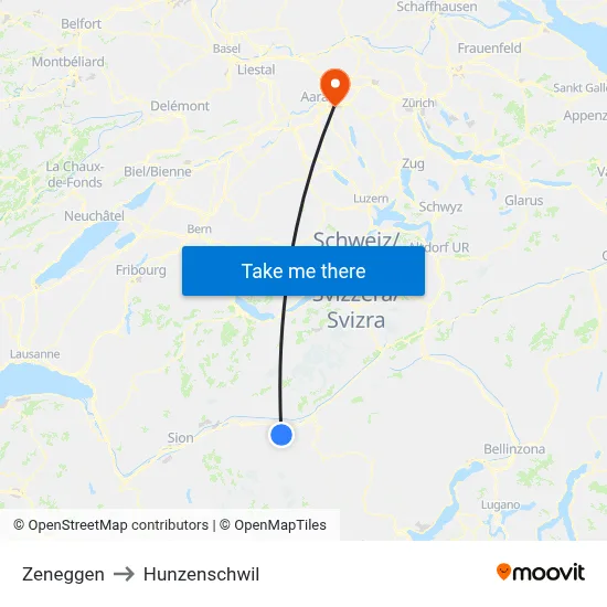 Zeneggen to Hunzenschwil map