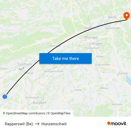 Rapperswil (Be) to Hunzenschwil map