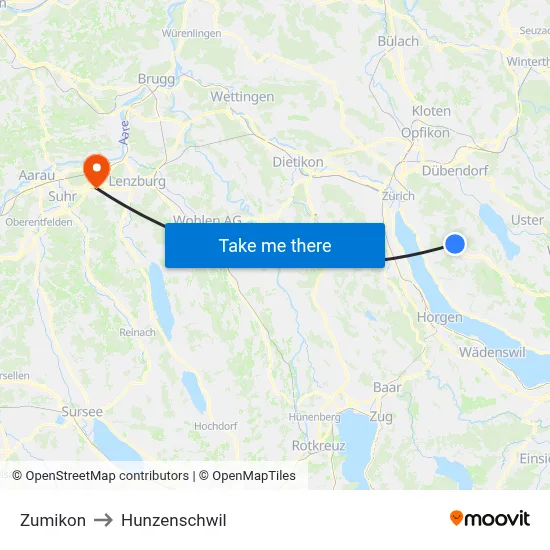Zumikon to Hunzenschwil map