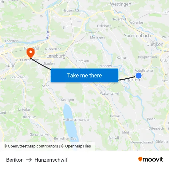Berikon to Hunzenschwil map