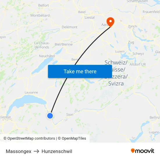 Massongex to Hunzenschwil map
