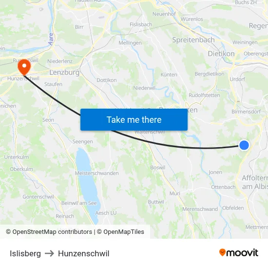 Islisberg to Hunzenschwil map