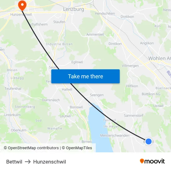 Bettwil to Hunzenschwil map