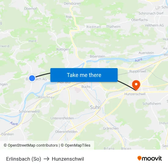 Erlinsbach (So) to Hunzenschwil map
