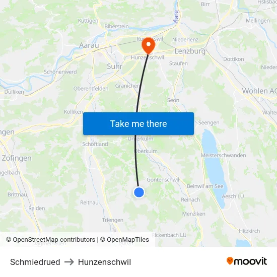 Schmiedrued to Hunzenschwil map