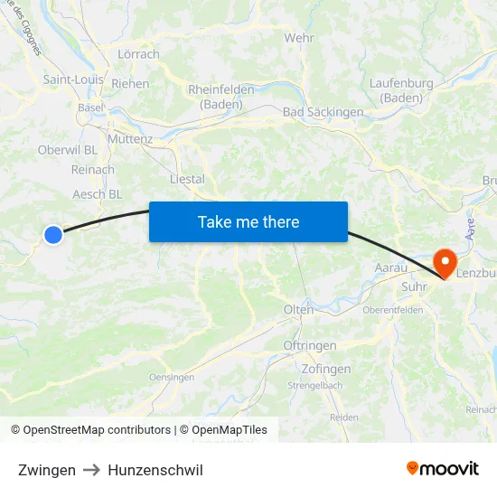 Zwingen to Hunzenschwil map