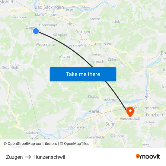 Zuzgen to Hunzenschwil map