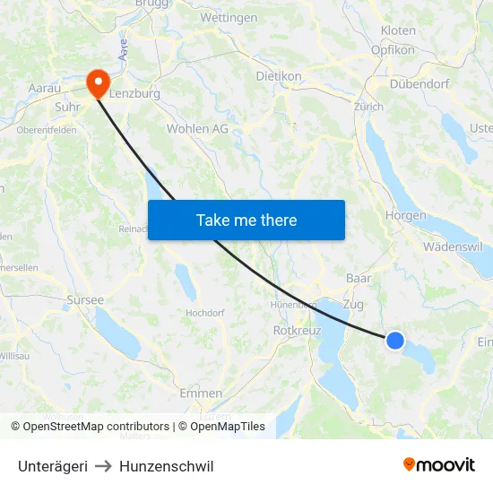 Unterägeri to Hunzenschwil map