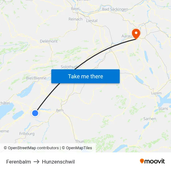 Ferenbalm to Hunzenschwil map