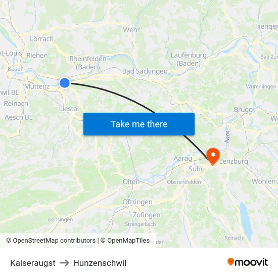Kaiseraugst to Hunzenschwil map