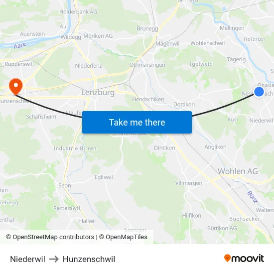Niederwil to Hunzenschwil map