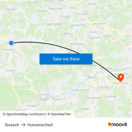 Sissach to Hunzenschwil map