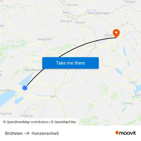 Brüttelen to Hunzenschwil map