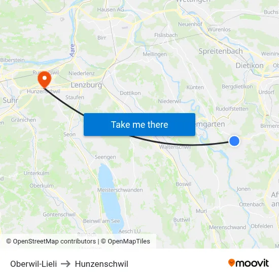 Oberwil-Lieli to Hunzenschwil map