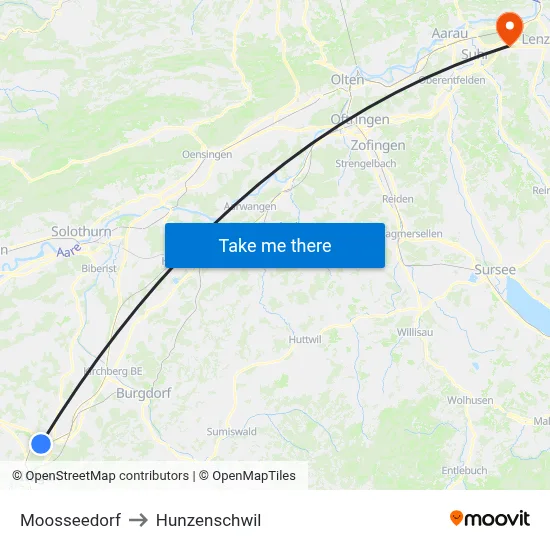 Moosseedorf to Hunzenschwil map