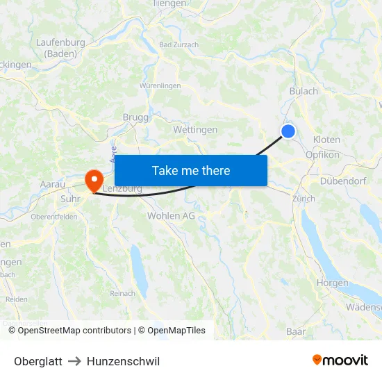 Oberglatt to Hunzenschwil map