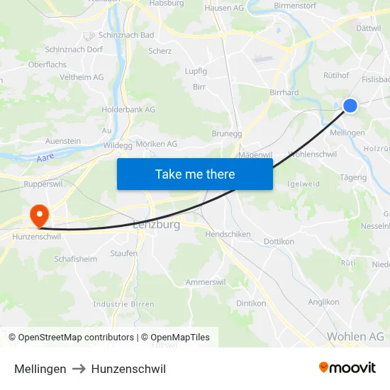Mellingen to Hunzenschwil map