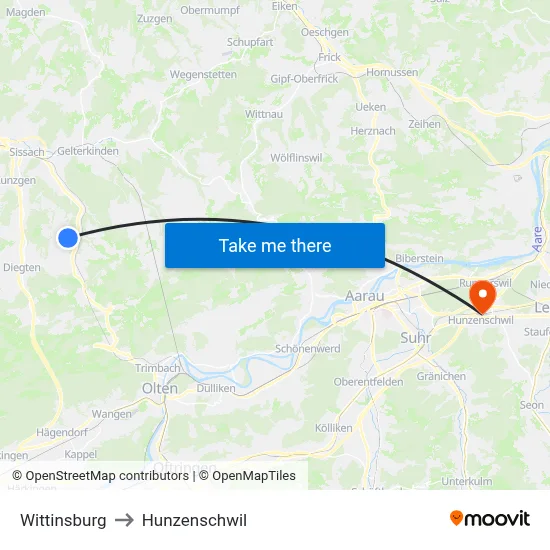 Wittinsburg to Hunzenschwil map