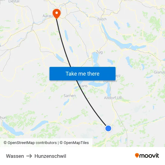 Wassen to Hunzenschwil map