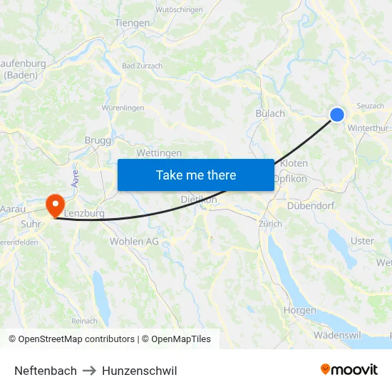Neftenbach to Hunzenschwil map