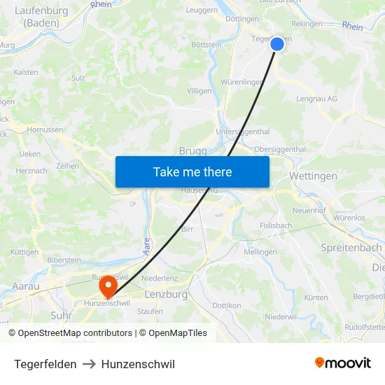 Tegerfelden to Hunzenschwil map