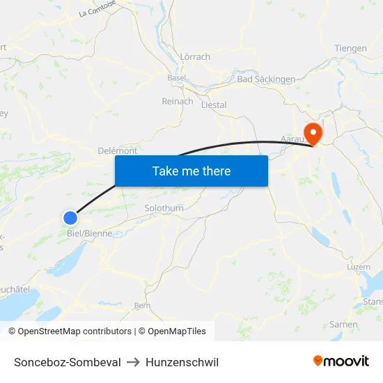 Sonceboz-Sombeval to Hunzenschwil map
