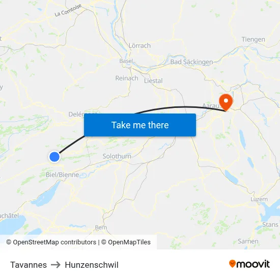 Tavannes to Hunzenschwil map