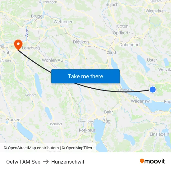 Oetwil AM See to Hunzenschwil map