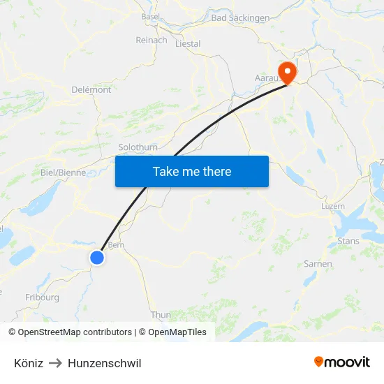 Köniz to Hunzenschwil map