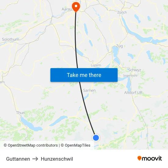 Guttannen to Hunzenschwil map