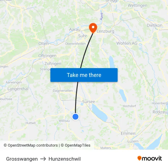 Grosswangen to Hunzenschwil map