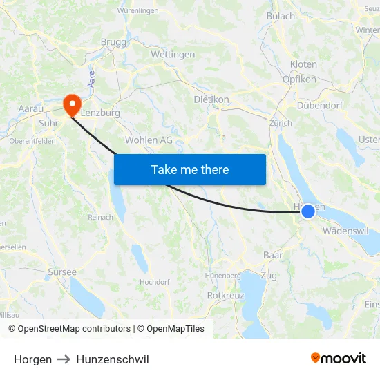 Horgen to Hunzenschwil map