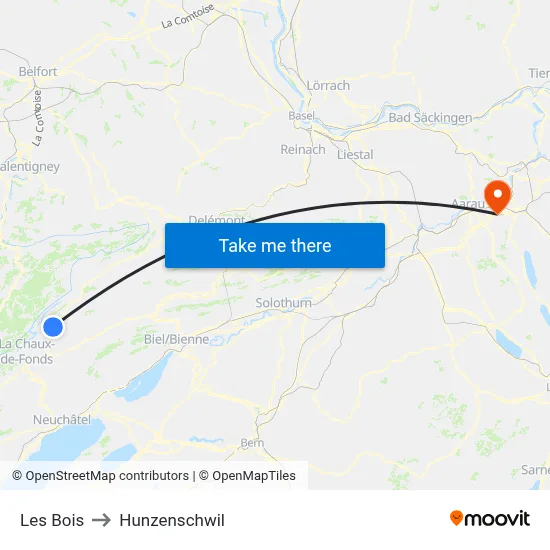 Les Bois to Hunzenschwil map