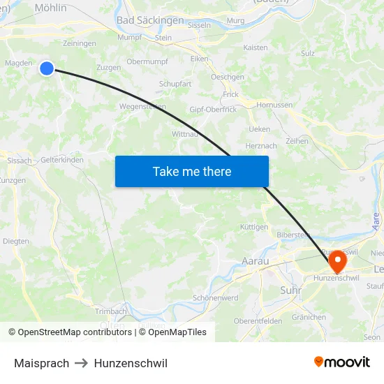 Maisprach to Hunzenschwil map