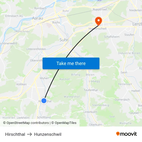 Hirschthal to Hunzenschwil map