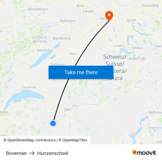 Bovernier to Hunzenschwil map