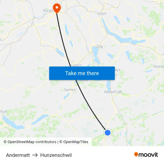 Andermatt to Hunzenschwil map