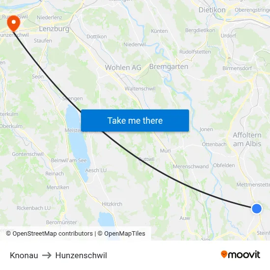 Knonau to Hunzenschwil map