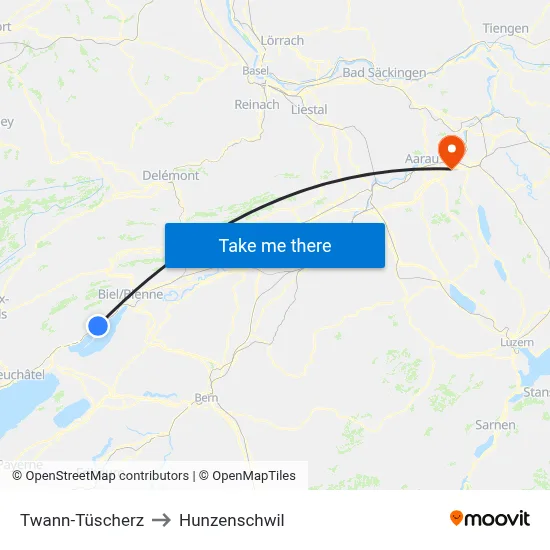 Twann-Tüscherz to Hunzenschwil map