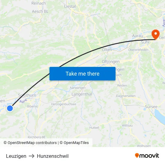 Leuzigen to Hunzenschwil map