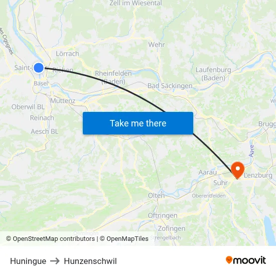 Huningue to Hunzenschwil map
